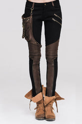 Pantalon Femme en Sergé avec Anneau Décoratif Punk Black Metal et Sac de Jambe Marron
